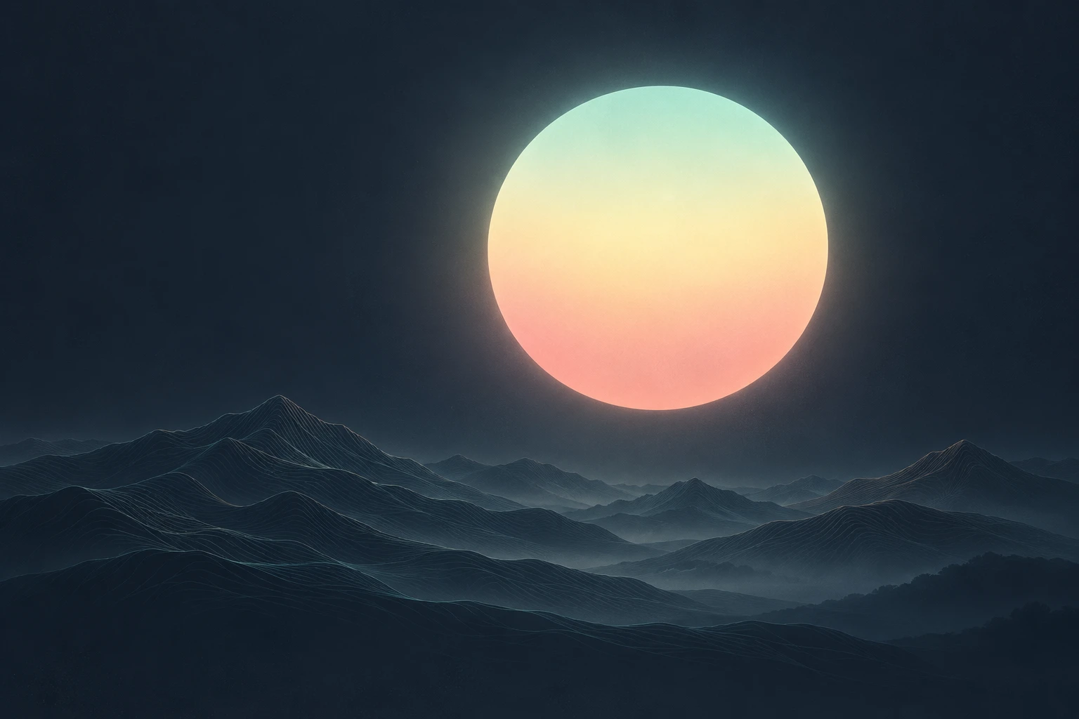 A softly glowing pastel moon above flowing mountain contours